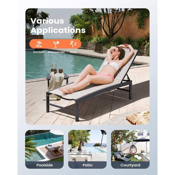 Commercial grade dark taupe aluminum sling outdoor patio stack chaise discount lounge with sunbrella elevation stone