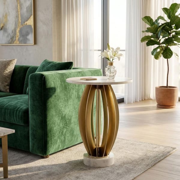 18 in. White Round Marble Modern End Table