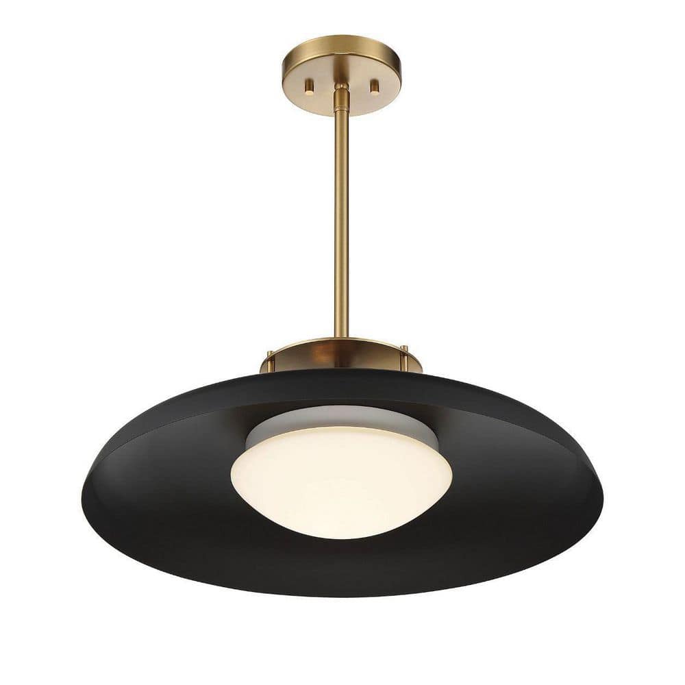 Matte Black and Warm Brass Vintage Pendant Light with Opal Glass Shade