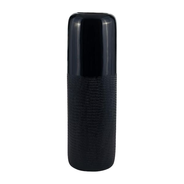 18 in. Dark Blue Stoneware Grooved Decorative Vase