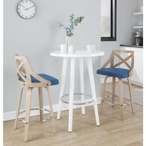 Charlotte 25.5 in. Blue Fabric, White Wash Wood and Chrome Metal High Back Counter Stool Round Footrest (Set of 2)