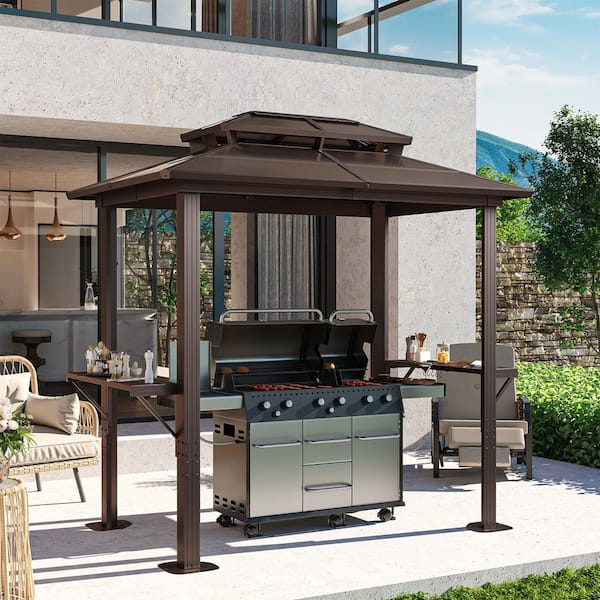 8 ft. x 5 ft. BBQ Grill Gazebo with Polycarbonate Double Roof, Outdoor Aluminum Barbecue Gazebo with Bar Counter