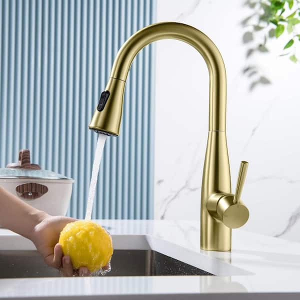 14.5 in. H Single Hole 1.8 GPM Pull Down Sprayer Kitchen Faucet with 360° Spout Swivel in Brushed Gold