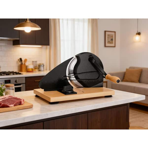 6.6 in Stainless Steel Full Tang Serrated Blade Bread Slicer with Wood Handle and Suction Base Adjustable Thickness