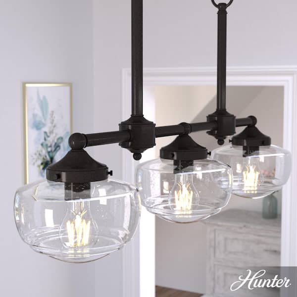 Hunter Saddle Creek 3-Light Noble Bronze Schoolhouse Chandelier with Clear Seeded Glass Shades
