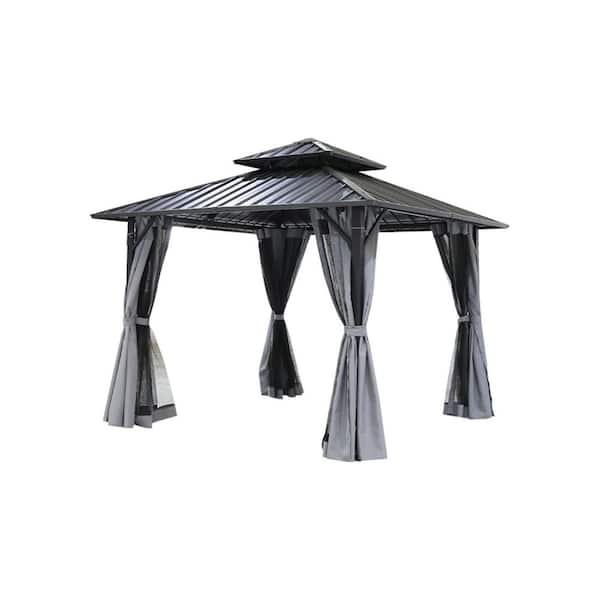 10 ft. x 10 ft. Hardtop Gazebo with Aluminum Frame, Double Roof Top with Gray Curtain and Netting