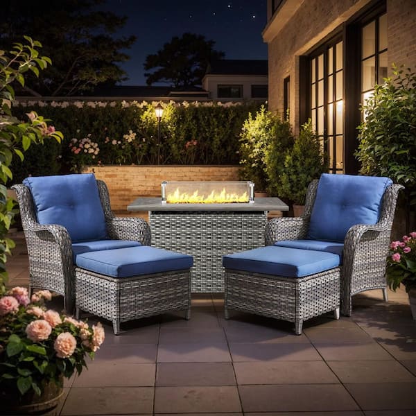 Arcline 5-Piece Gray Wicker Fire Pit Conversation Set with Olefin Blue Cushions and Lounge Chairs and Ottoman