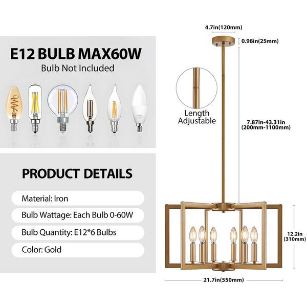 Vkoiyg 22 in. Modern Golden Geometric 6-Light Chandelier