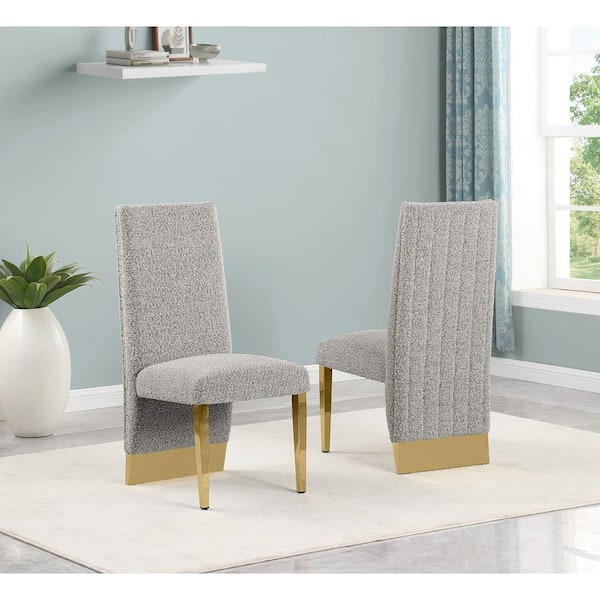 Best Quality Furniture Meena Rich Grey Color Gold Chrome Iron Legs Boucle Fabric Side Chair (Set of 2)