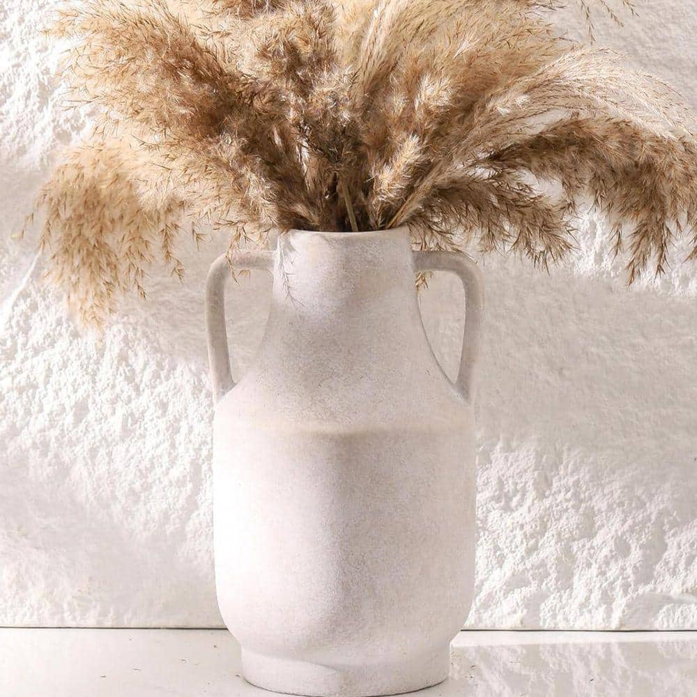 Ceramic Flower Vase with Handles, 11 inch Cylindrical Off-White