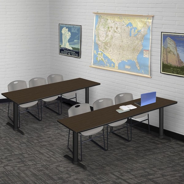 Cain 84 in. x 24 in. Neo Walnut T-Base Training Seminar Table Desk and 3 Zeng Stack Chairs-Grey