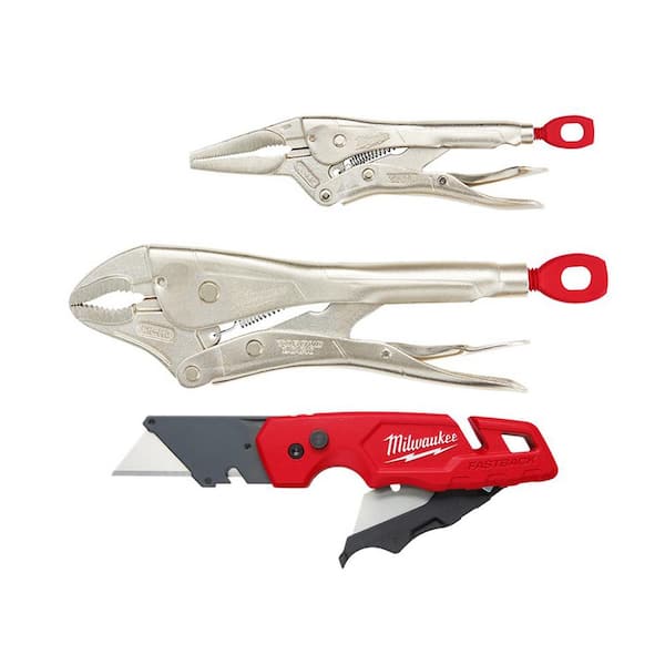 Milwaukee Torque Lock Locking Pliers Set with FASTBACK Folding Utility Knife with Blade Storage & General Purpose Blade (3-Piece)