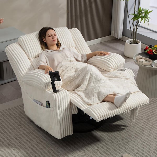 YOFE Oversized 26.3 in. W White Corduroy Fabric 270° Swivel Rocker