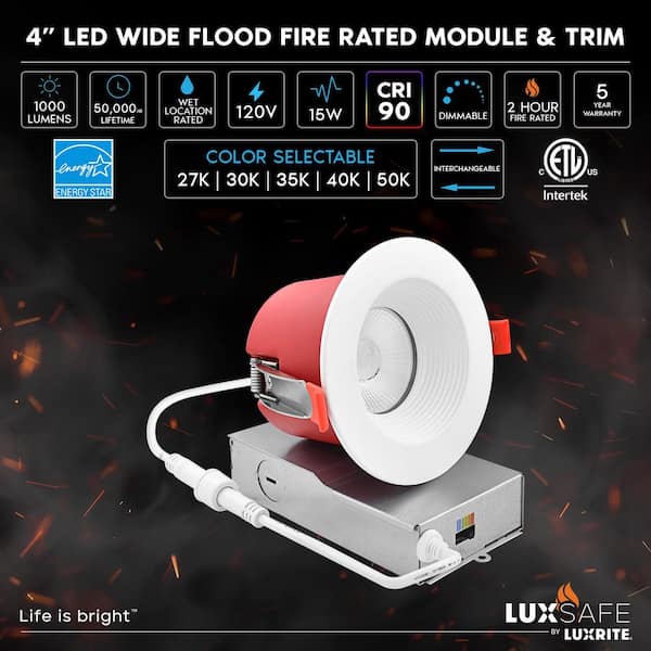 4 in.Integrated LED Recessed Light J-Box 5CCT 2Hour Fire Rated 15W 1000LM 60° Dimmable IC Rated Wet Rated Baffle 12 Pack