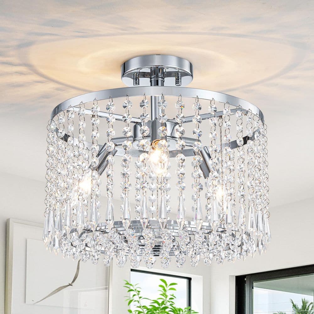 13.8 in. 3-Light Chrome Modern Crystal Semi-Flush Mount Ceiling Light with 