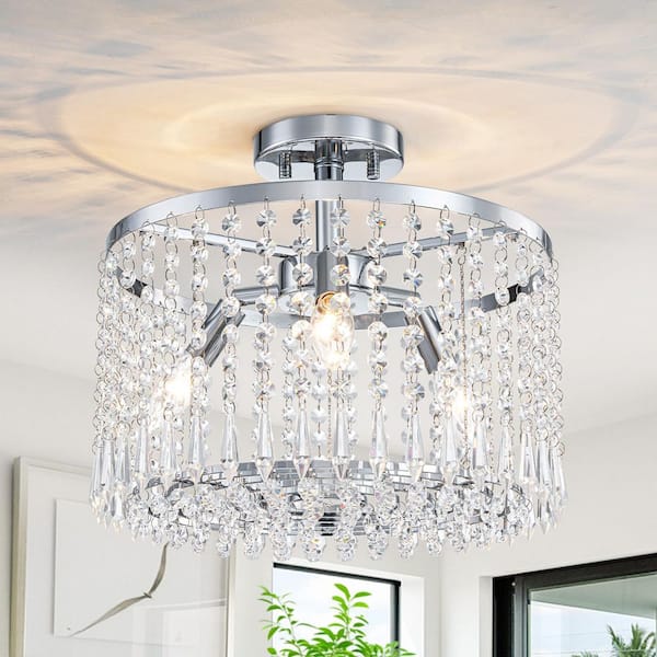 Unbranded 13.8 in. 3-Light Chrome Modern Crystal Semi-Flush Mount Ceiling Light with Beaded Drum Shade