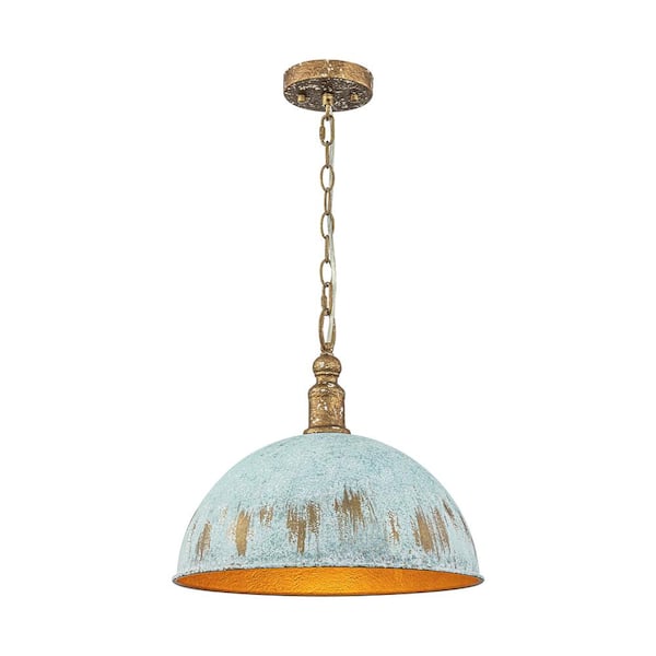 Apricity 1-Light 15.35 in. Peacock Green and Vintage Gold Dome Pendant Light with Rustic Finish