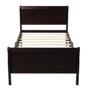 Espresso Twin Size Solid Wood Platform Bed with Headboard and Footboard, Kid Platform Sleigh Bed Frame with Wood Slat