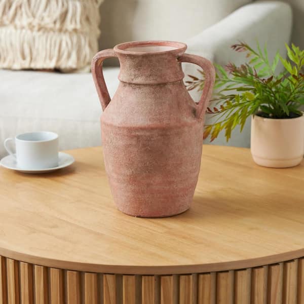 Litton Lane 12 in. Pink Antique Style Ceramic Amphora Decorative Vase with Handles