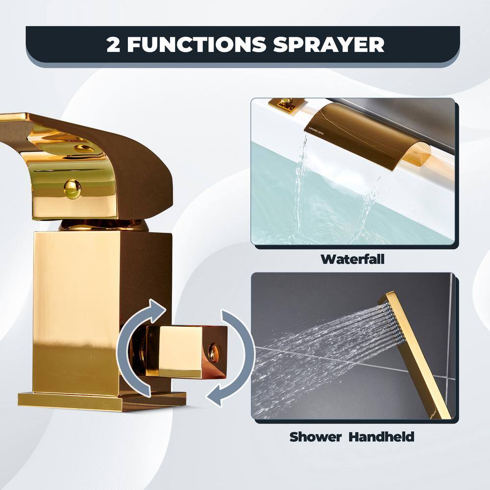 Gold Deck Mounted Waterfall Tub Faucet with Hand Shower
