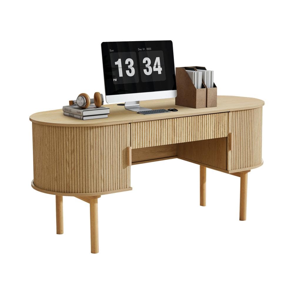 Natural Oval Fluted Writing Desk with Sliding Drawer & Storage Compartments, 63" Mid-Century Home Office Computer Table