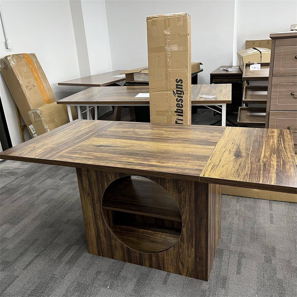 Halseey 63 in. Rectangular Rustic Brown Wood Pedestal Dining Table with Storage, Farmhouse Dinner Kitchen Table for 4