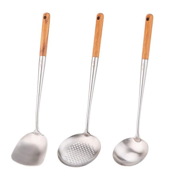 Stainless Steel Wood Handle Wok Spatula and Skimmer Ladle Cooking Utensils Set Dishwasher Safe Heat Resistant
