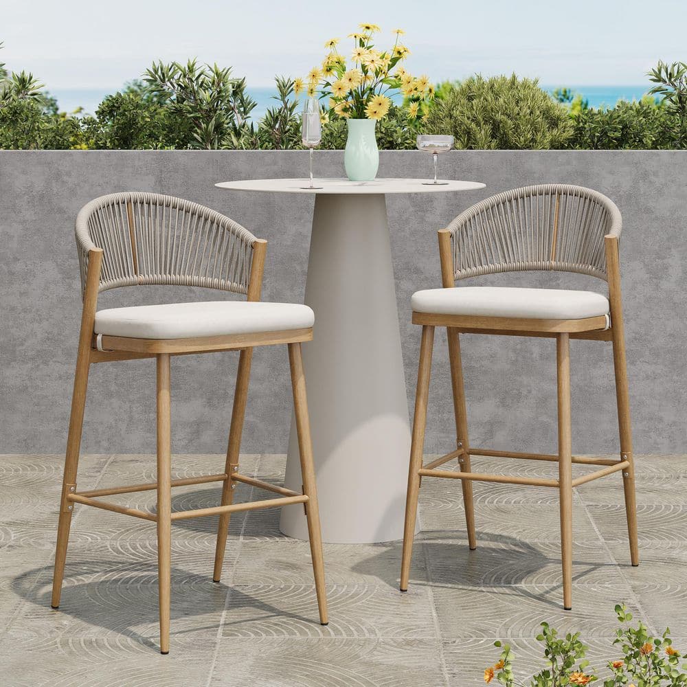 Chamberlain 30.25 in. Aluminum Patio Outdoor Bar Stool with Beige Cushion, Maple Finish, PE Rattan, Set of 2 price history on PriceWatchPro