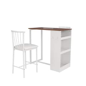 3-Piece Walnut Wood Counter Top Bar Set with White Metal Chairs
