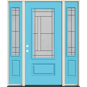 60 in. x 80 in. Right-Hand 3/4 Lite Decorative Glass Atherton Caribbean Blue Fiberglass Prehung Front Door w/Sidelites