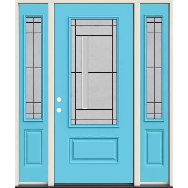 60 in. x 80 in. Right-Hand 3/4 Lite Decorative Glass Atherton Caribbean Blue Fiberglass Prehung Front Door w/Sidelites