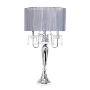 27 in. Gray Romantic Sheer Shade Table Lamp with Hanging Crystals