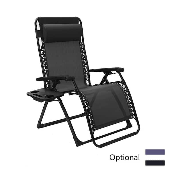 CASAINC Patio Folding Zero Gravit Metal Outdoor Recliner in Black with Pillow and Cup Holder