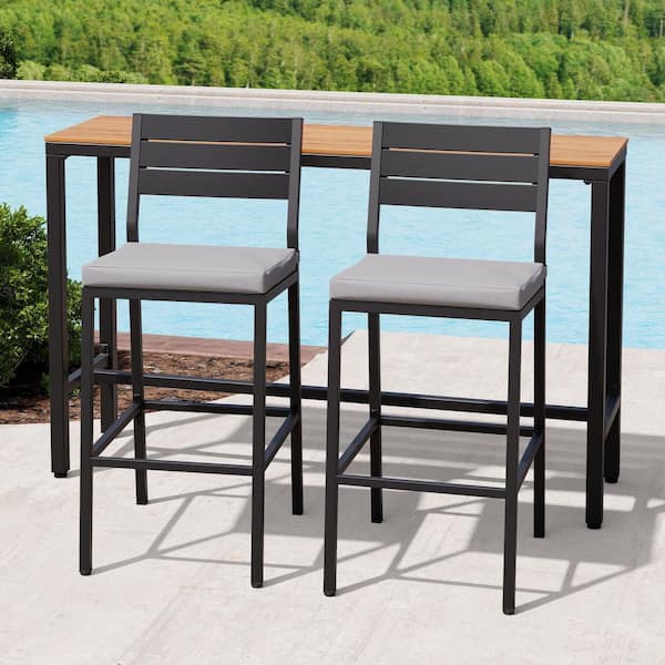 3-Piece Metal Bar Set Outdoor Serving Bar Set with 55.12 in. L. Bar Table and 2 Backed Stools with Cushions in Gray
