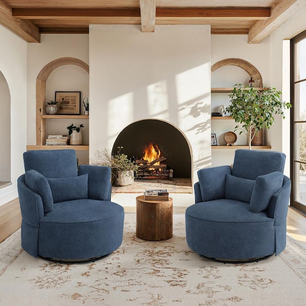 Nova Steel Blue Chenille Fabric Upholstered 360° Swivel Accent Chair Metal Base Barrel Chair with Pillow (Set of 2)