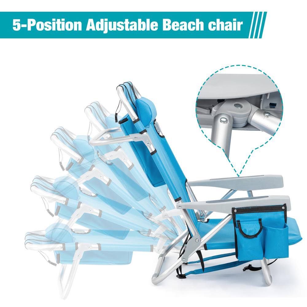 Blue Aluminum Folding Beach Chair with Armrest and Storage