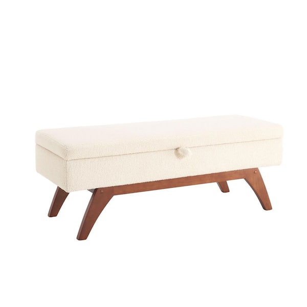 Modern Beige Teddy wool fabric bed end stool with storage function