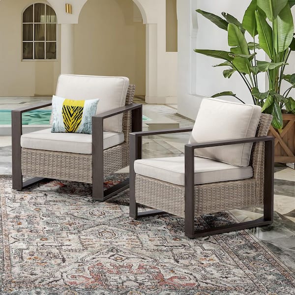 Brown Wicker Outdoor Lounge Chair with Beige Cushions (2-Pack)