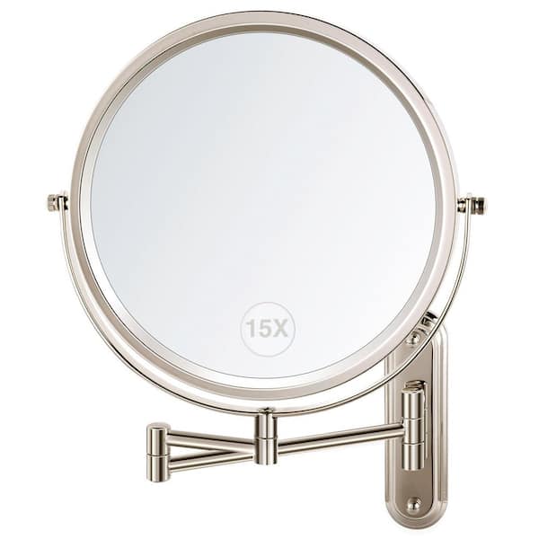 8.5 in. W x 8.5 in. H Round 1x/15x Magnification,Swing Arms Wall Mount Bathroom Makeup Mirror in Brushed Nickel