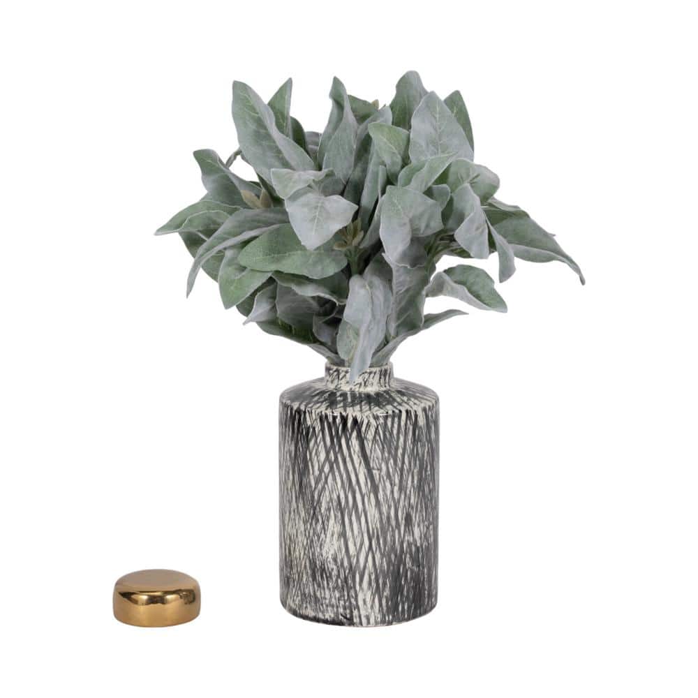 10" Black and White Ceramic Ginger Jar with Gold Lid
