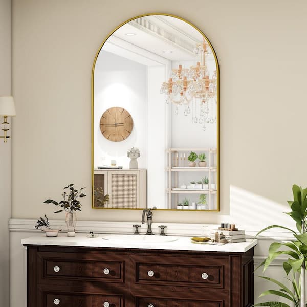Gold 32 in. W x 48 in. H Arched Modern Aluminum Alloy Framed Mirror Wall Mirror