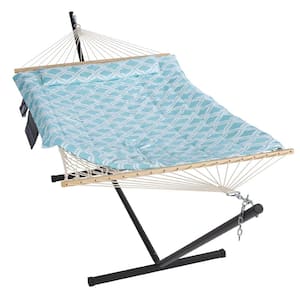 10 ft. x 12 ft. Quilted Rope Hammock and 12 ft. Steel Stand with Detachable Pillow, Green Pattern