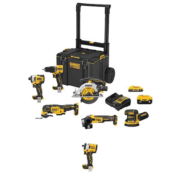 20V Lithium-Ion Cordless 6-Tool Combo Kit and 1/2 in. Impact Wrench w/ 5 Ah & 2 Ah Batteries Charger & Rolling Toolbox