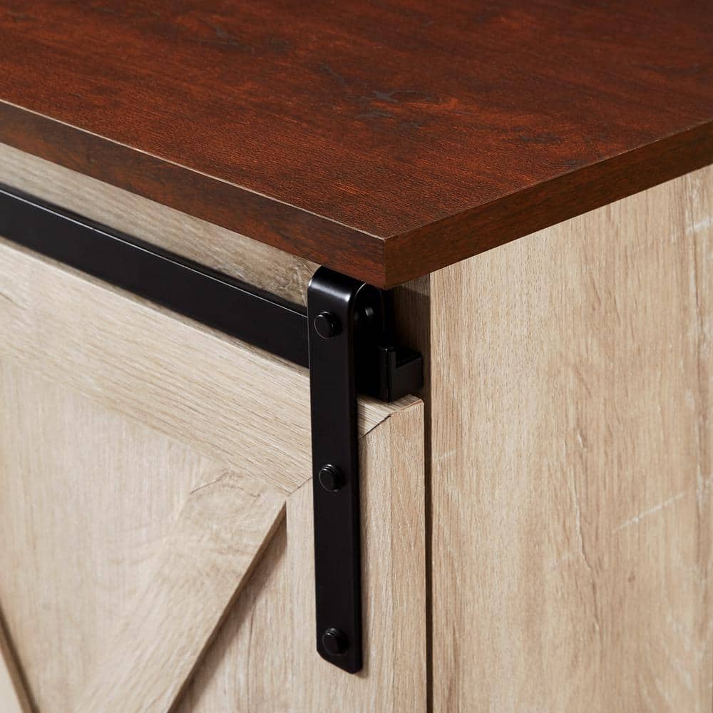 Traditional Brown and White Oak Corner TV Stand with Sliding Barn Doors