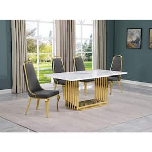 Lisa 5-Piece Rectangular White Marble Top Gold Chrome Base Dining Set with Dark Gray Velvet Chairs Seats 4.