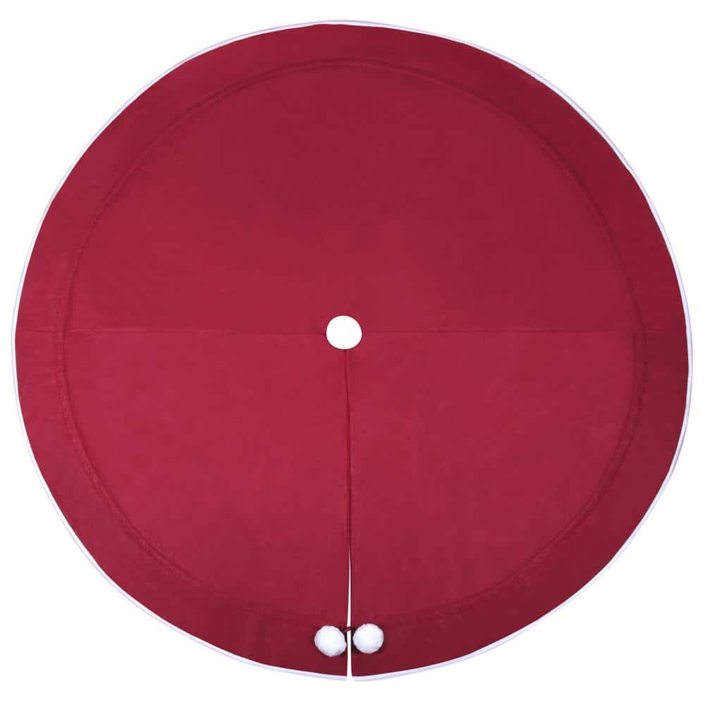 Extra Large Dark Red Velvet Convertible Tree Skirt with Pom Poms