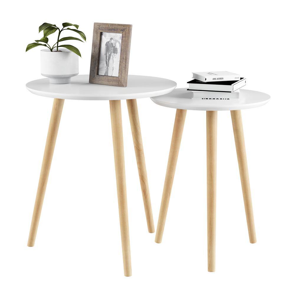 White and Natural Wood Mid-Century Modern Nesting End Tables Set