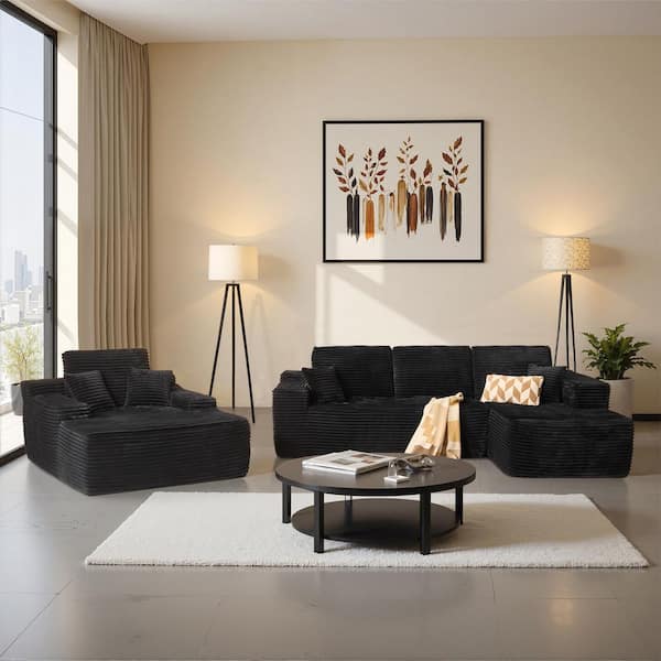 Lettu 104 in. Wide Arm 3-Piece Plush Corduroy L-Shaped Modular Sectional Sofa Set with Right Chaise Lounge in Black