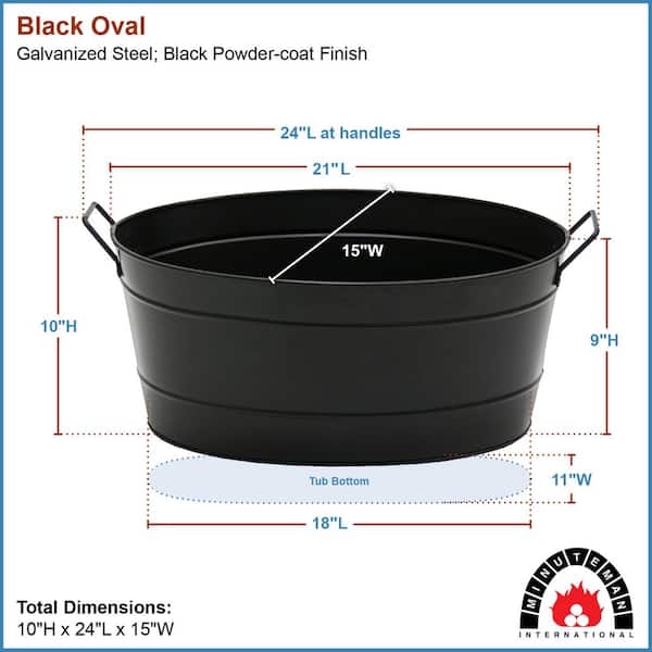 Versatile Traditional Galvanized Steel Oval Tub, 21 Inch Long, Cleaning Bucket, Black
