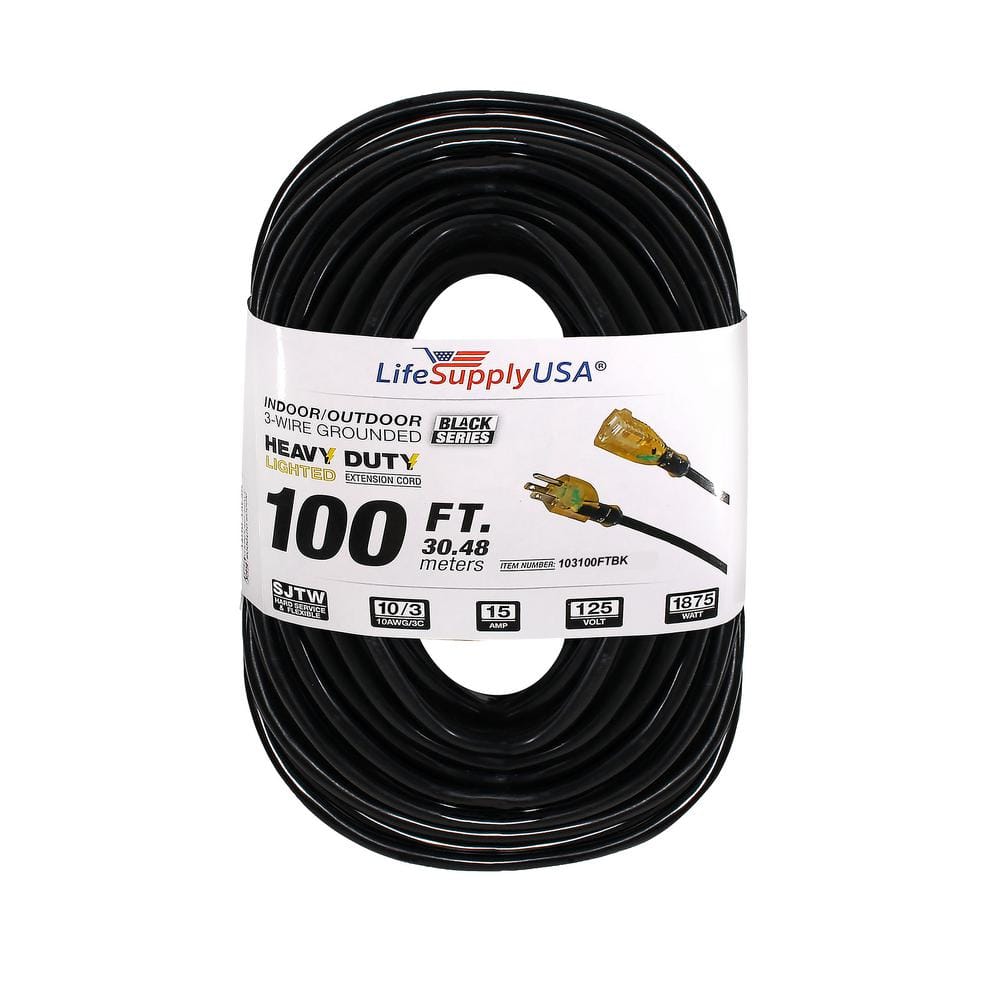 LifeSupplyUSA 2 Pack 10/3 100ft SJTW 15 Amp 125 Volt 1875 Watt Lighted End Indoor/Outdoor Black Heavy Duty Extension Cord (100 Feet)
